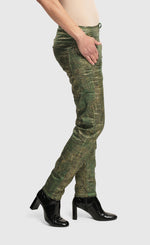 Load image into Gallery viewer, Right side bottom half view of a woman wearing the Alembika Green Iconic Jeans Desires
