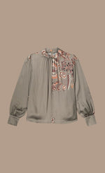 Load image into Gallery viewer, Front view of the summum leaves top with long puff sleeves.
