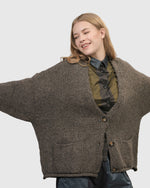 Load image into Gallery viewer, Front top half view of a woman wearing the alembika Taupe Sylvia Crop Cardigan
