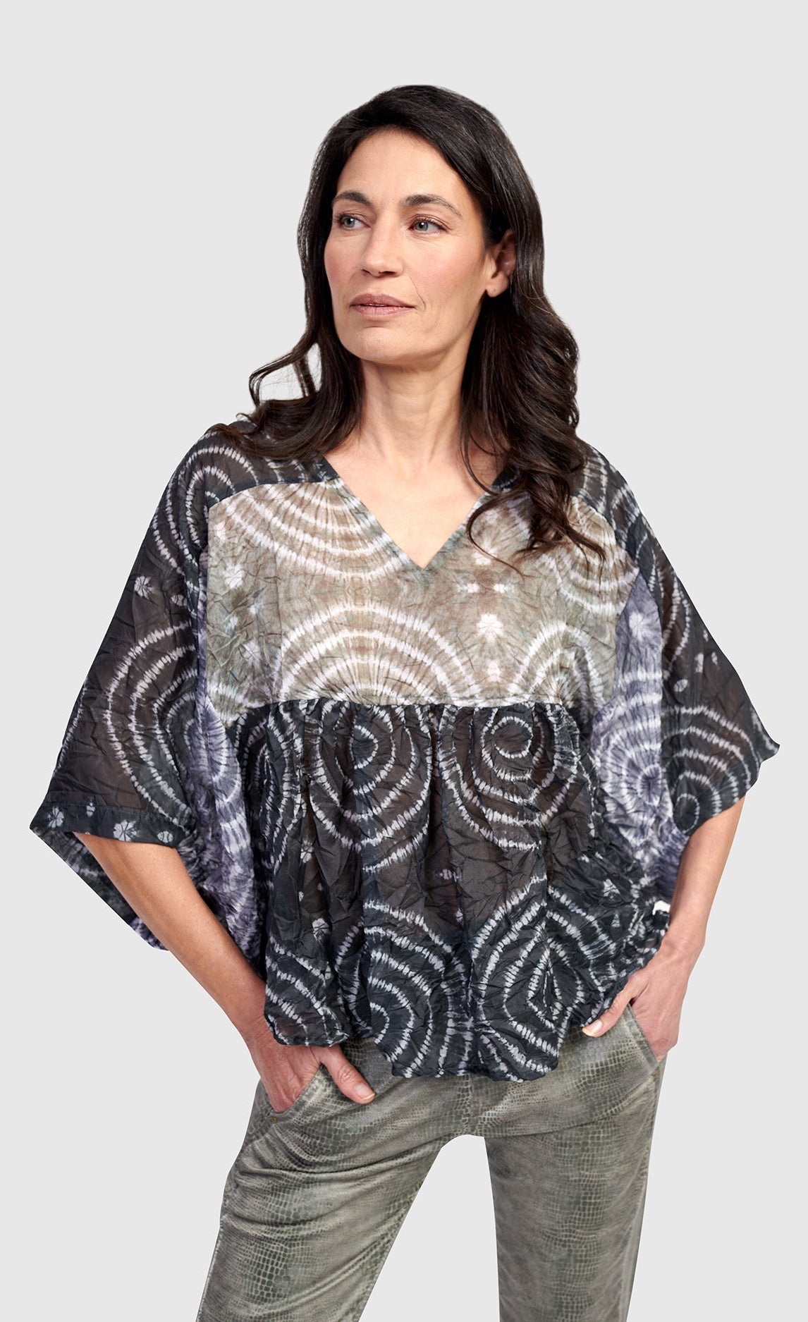 Front top half view of the Alembika Fossil Celestial Butterfly Blouse