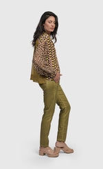 Load image into Gallery viewer, Right side full body view of a woman wearing the alembika mix button down shirt 
