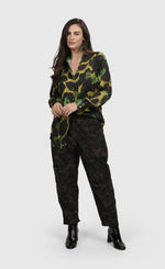 Load image into Gallery viewer, Front full body view of a woman wearing the alembika Olive Martini Emerald Shirt
