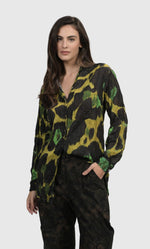 Load image into Gallery viewer, Front top half view of a woman wearing the alembika Olive Martini Emerald Shirt
