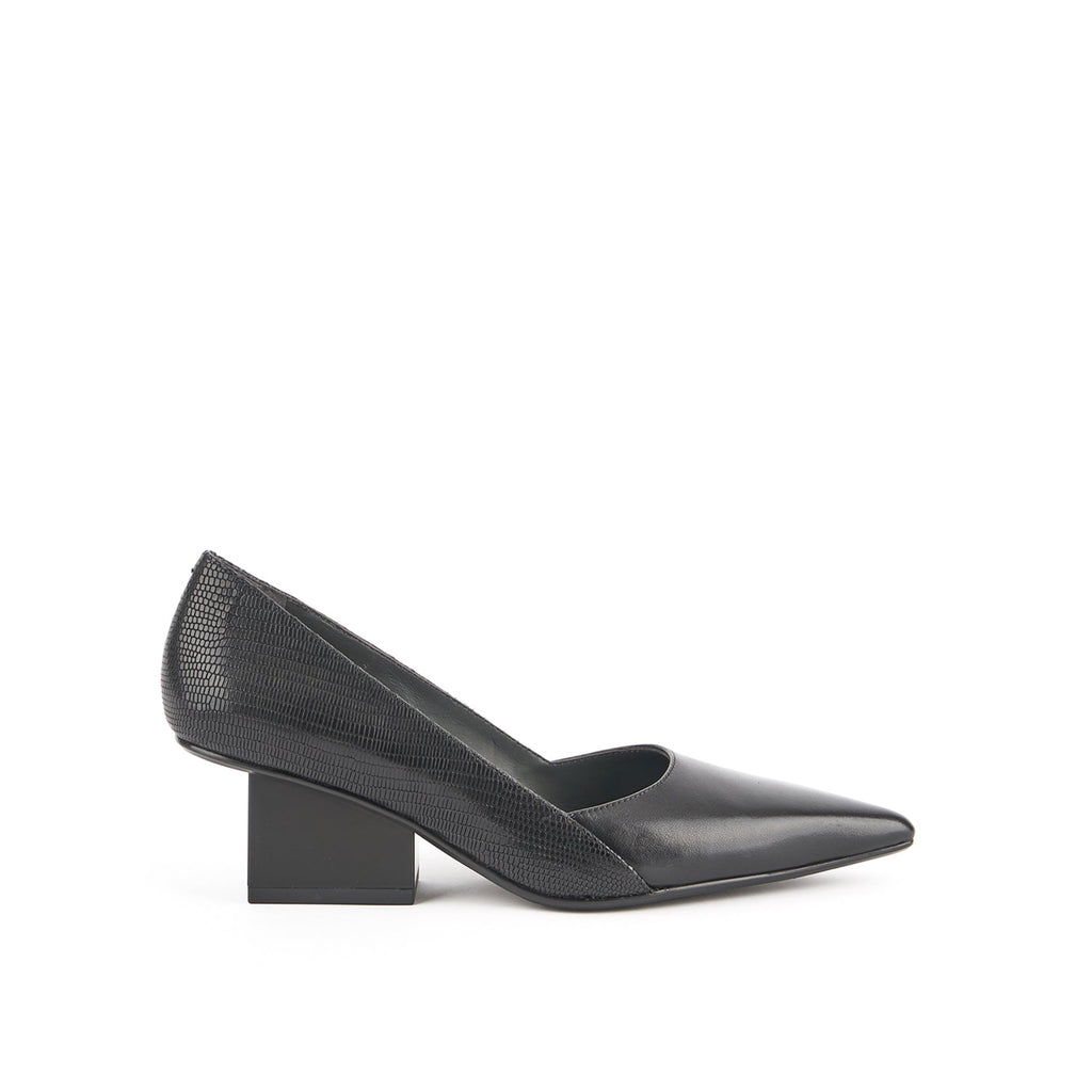 Outer side view of the united nude raila pump in black.