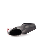 Load image into Gallery viewer, A single black leather ankle boot with a square toe, shown from a side profile on a clean white background.
