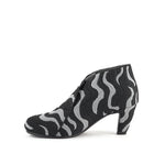 Load image into Gallery viewer, inside view of women's ankle boot with a wavy black and gray knit pattern, featuring a low block heel and rounded toe
