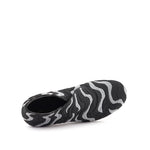 Load image into Gallery viewer, top view of women's ankle boot with a wavy black and gray knit pattern, featuring a low block heel and rounded toe
