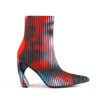 Load image into Gallery viewer, A pointed-toe ankle boot with a high block heel, featuring a vibrant red, black, and blue striped pattern 
