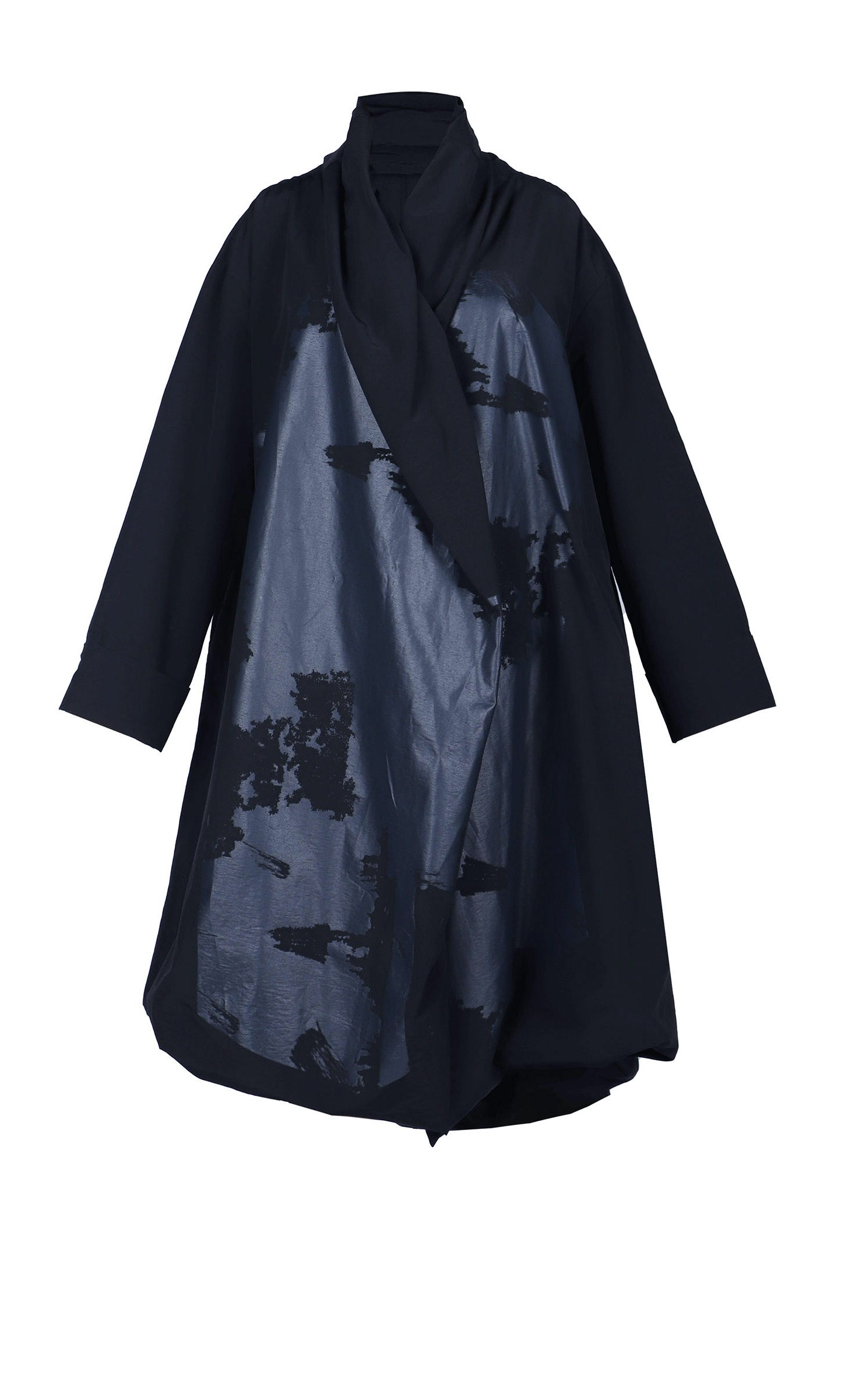 Front view of the luukaa draped open black coat. This coat is black with a black contrast, glossy abstract print on the front. The coat has long sleeves, a billowy fit, and a draped open front with a hem that sits at the knees.