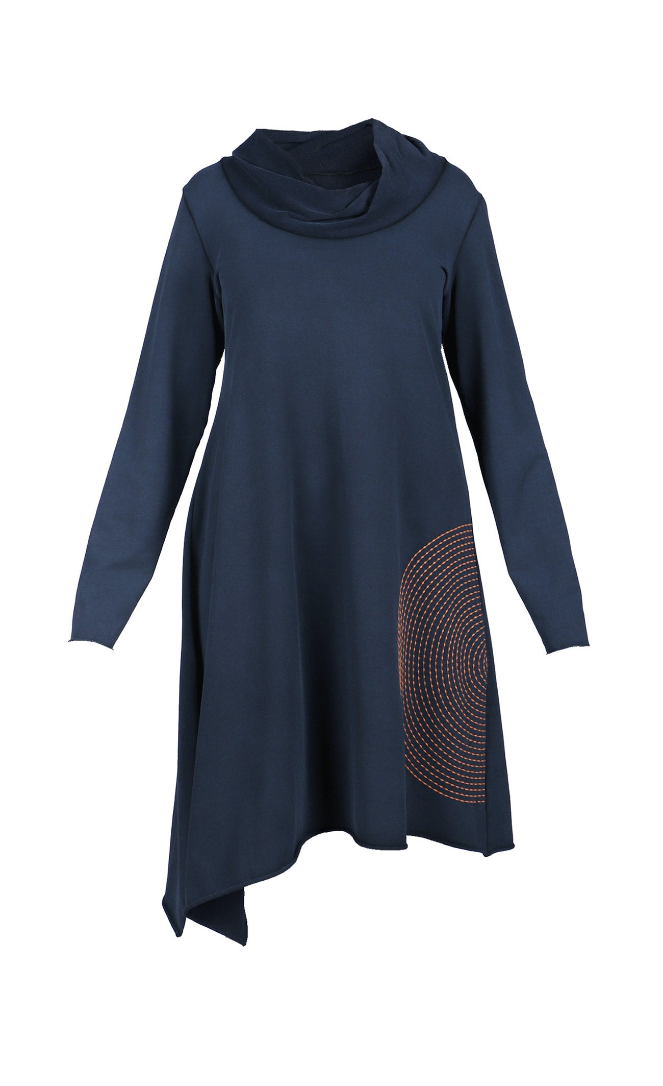 front view of the luukaa circles tunic/dress. This dress is black with an orange half-circle in the bottom left hand corner. The dress has long sleeves, a cowl neck, and sits at the knees.