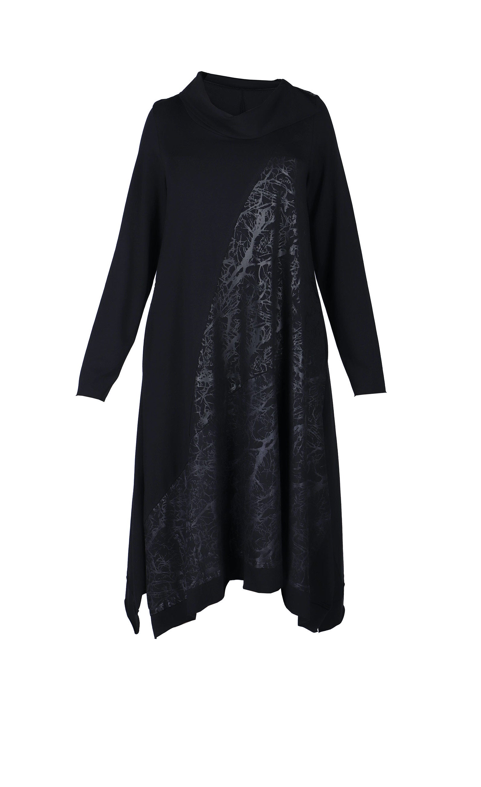 Front view of the luukaa Black Branch Dress. This dress has long sleeves, a cowl neck, an a-line silhouette, and a front glossy branch-like print running diagonally across the body.