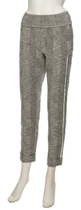Front, bottom half view of a mannequin wearing the Beate Heymann Checked Jogger. The jogger is a light grey plaid and has a white stripe running down the side. These are cropped and cuffed at the bottom with a high and wide waistband.