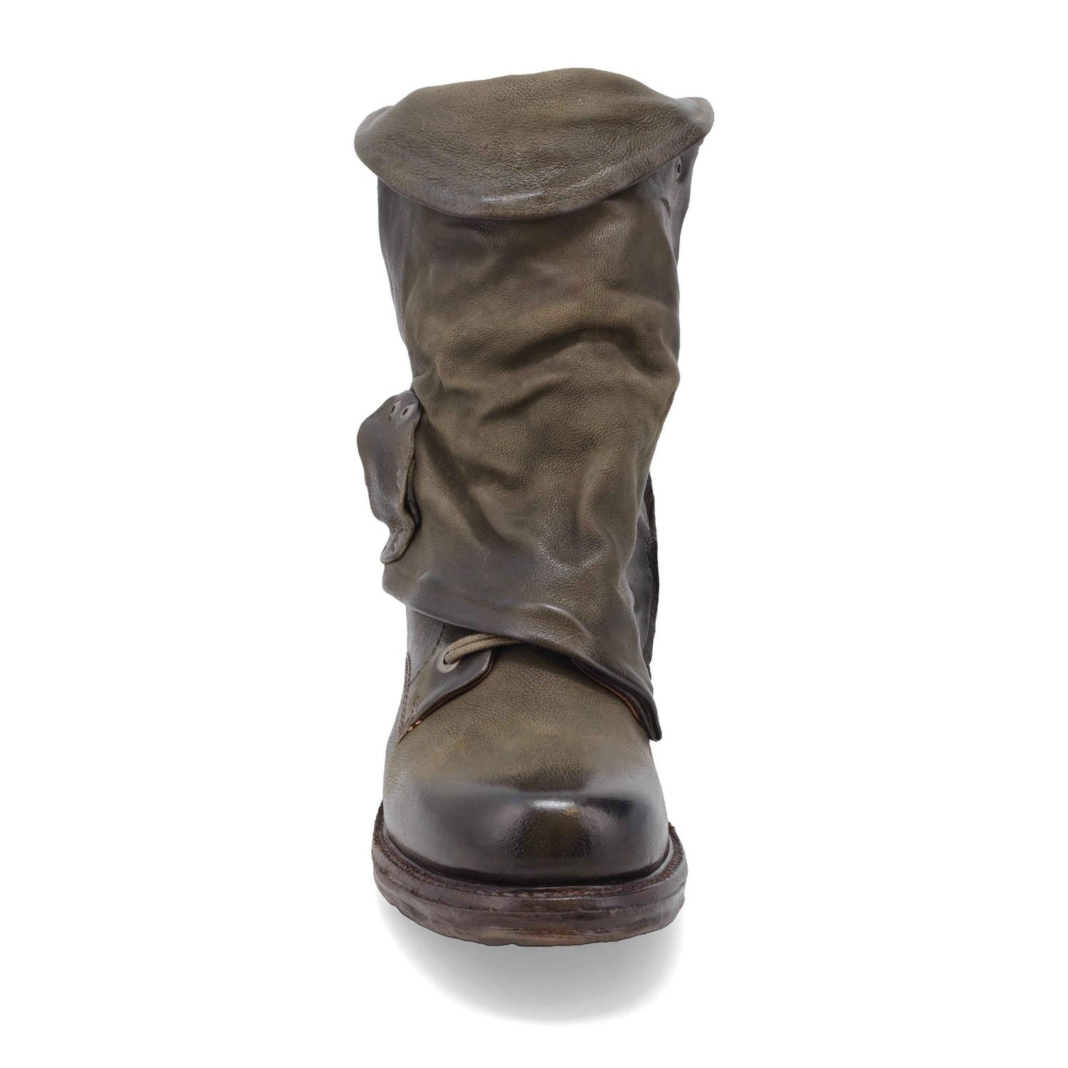 Front view of the emerson boot in jungle (olive). This boot has a lace up front with a leather overlay that's secured with a buckle.