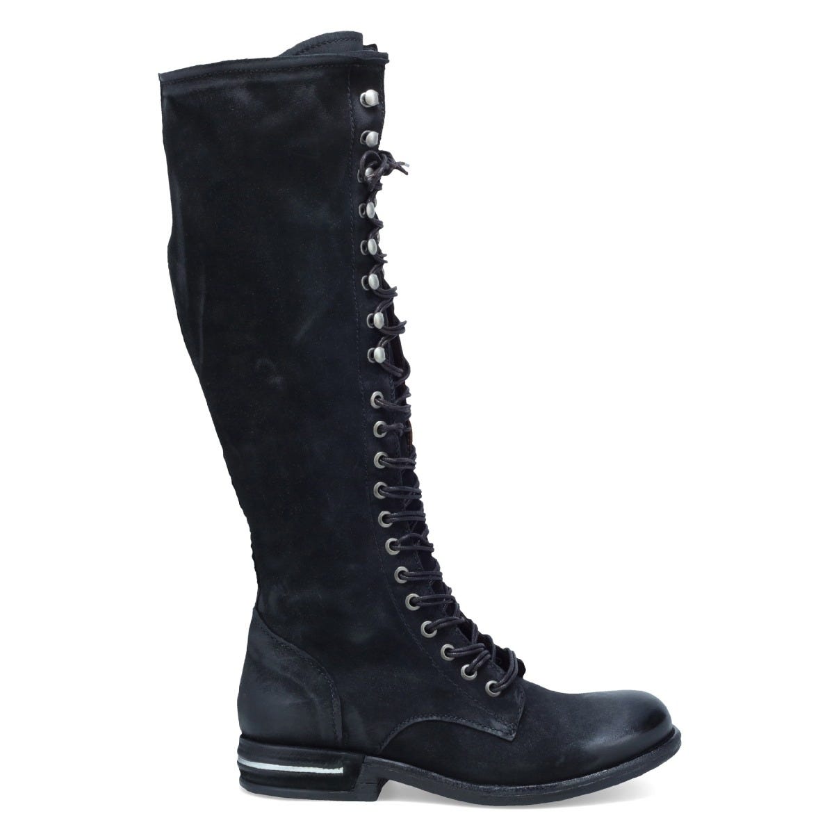 Outer side view of the a.s.98 trillie tall boot in black. This flat knee-high leather boot has a lace up front and a silver line in the heel. 