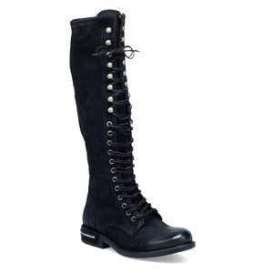 Outer front side view of the a.s.98 trillie tall boot in black. This flat knee-high leather boot has a lace up front and a silver line in the heel. 