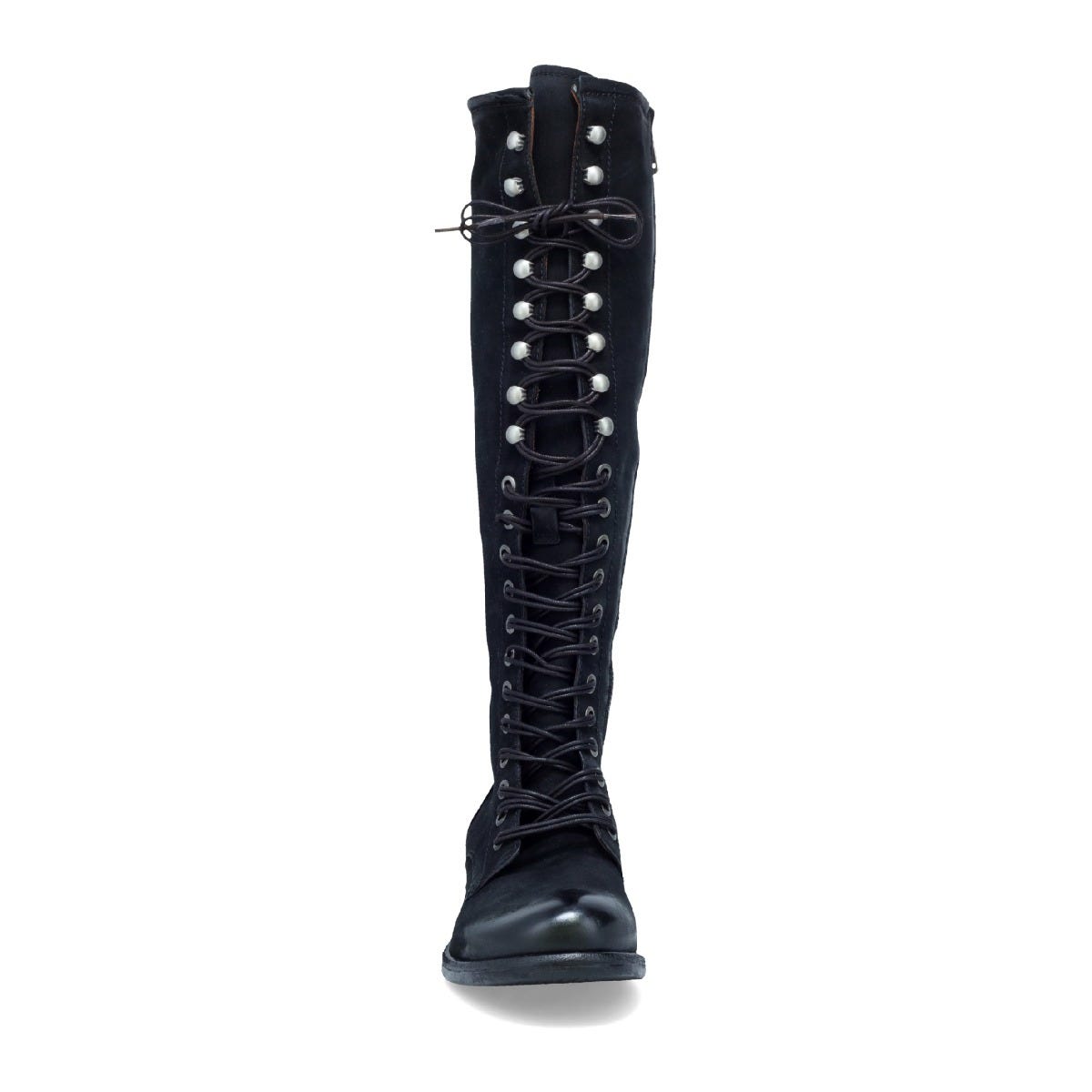 Front view of the a.s.98 trillie tall boot in black. This flat knee-high leather boot has a lace up front and a silver line in the heel. 