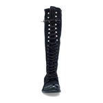 Load image into Gallery viewer, Front view of the a.s.98 trillie tall boot in black. This flat knee-high leather boot has a lace up front and a silver line in the heel. 
