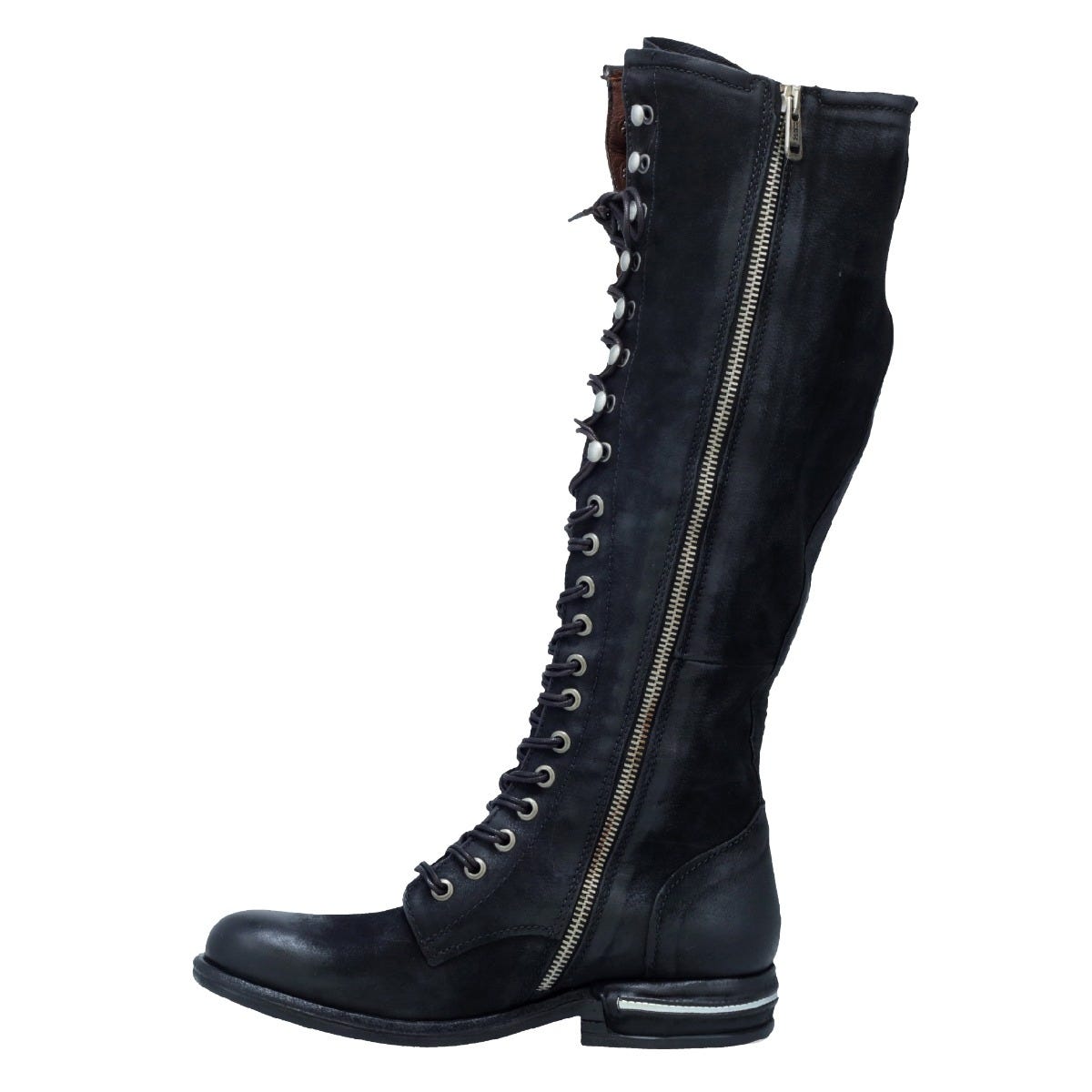 Inner side view of the a.s.98 trillie tall boot in black. This flat knee-high leather boot has a lace up front, an inner side zipper, and a silver line in the heel. 