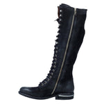 Load image into Gallery viewer, Inner side view of the a.s.98 trillie tall boot in black. This flat knee-high leather boot has a lace up front, an inner side zipper, and a silver line in the heel. 
