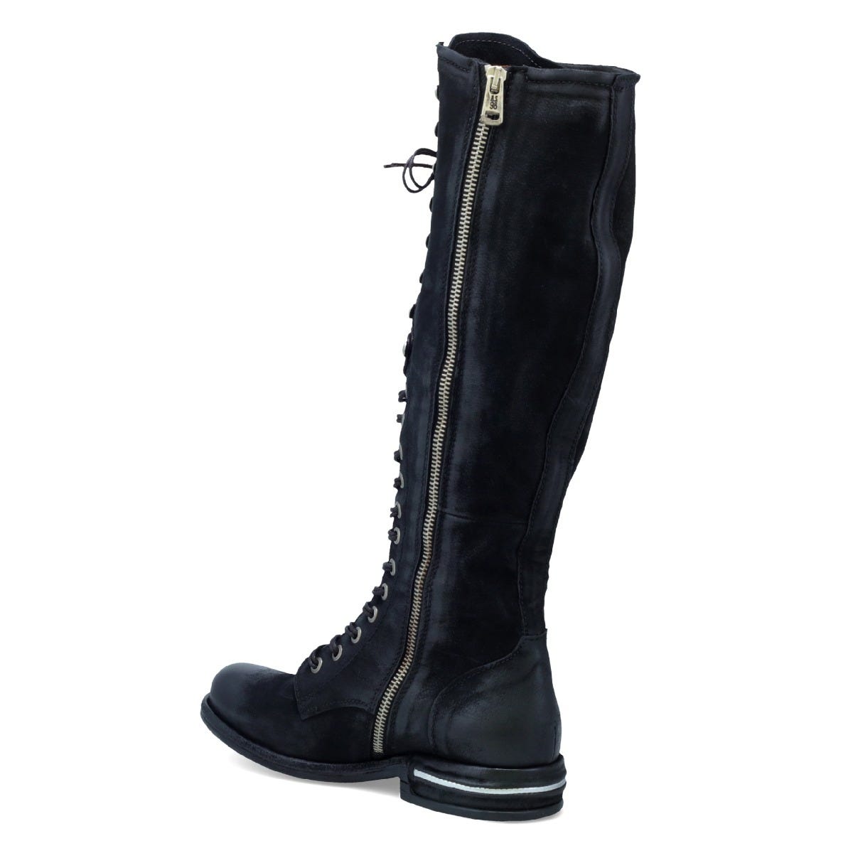 Inner back side view of the a.s.98 trillie tall boot in black. This flat knee-high leather boot has a lace up front, a inner side zipper, and a silver line in the heel. 