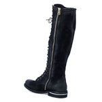 Load image into Gallery viewer, Inner back side view of the a.s.98 trillie tall boot in black. This flat knee-high leather boot has a lace up front, a inner side zipper, and a silver line in the heel. 
