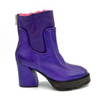 Load image into Gallery viewer, outer side view of the A.S.98 Linkin Fur Boot in toxic. This boot is purple on the outside with pink sherpa lining. The boot has a high heel and almond toe.
