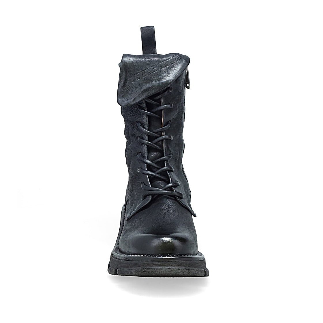 Front view of the AS98 Lockwood Lace Up Combat Boot. This black boot features geometric squares stitched into the side and back of the upper.