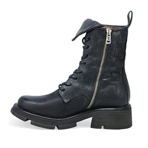 Inner side view of the AS98 Lockwood Lace Up Combat Boot. This black boot features and inner zipper and geometric squares stitched into the side and back of the upper.