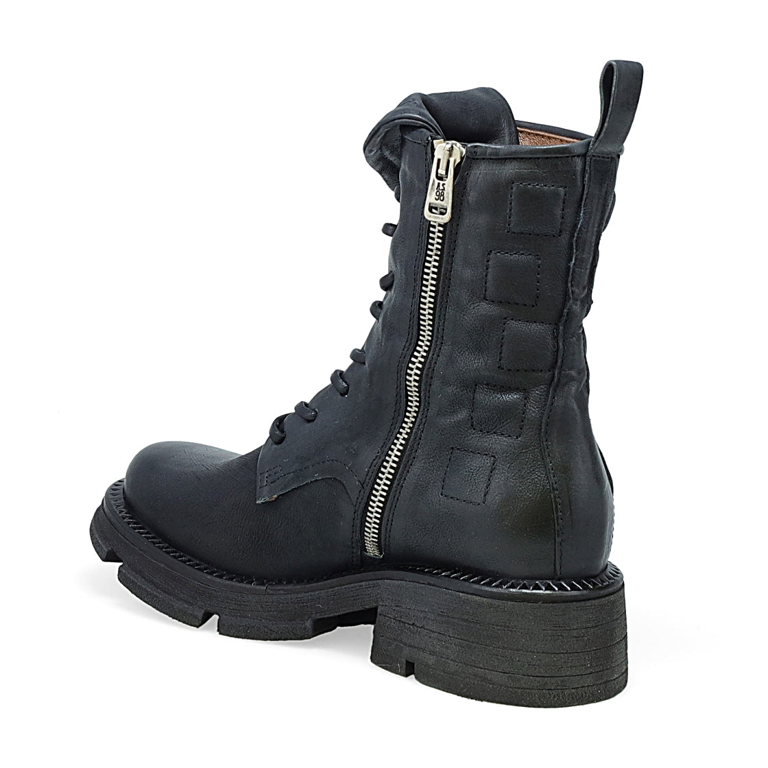 Inner side back view of the AS98 Lockwood Lace Up Combat Boot. This black boot features and inner zipper and geometric squares stitched into the side and back of the upper.