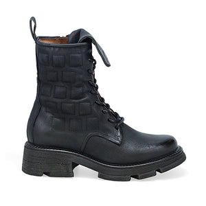 Outer side view of the AS98 Lockwood Lace Up Combat Boot. This black boot features geometric squares stitched into the side and back of the upper.