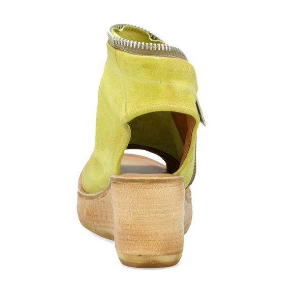 Back view of the AS98 naylor wedge sandal in the color zen/yellow. this sandal has a wood-like wedge and leather covering the foot and ankle. The sandal has an open toe and heel.