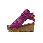 Load image into Gallery viewer, inner side view of the as98 newbury fuchsia wedge. This wedge has a woven leather front, open sides, an open toe, and leather on the back that connects to the front with a leather buckle strap

