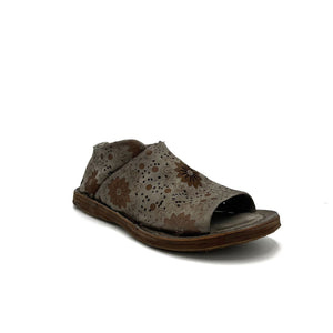 outer front side view of the as98 ronald flat. This shoe is grey with an embossed, brown, floral pattern. the shoe has an open toe with the rest of the foot being covered by leather.