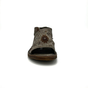 front view of the as98 ronald flat. This shoe is grey with an embossed, brown, floral pattern. the shoe has an open toe with the rest of the foot being covered by leather.