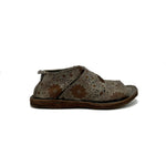 Load image into Gallery viewer, outer side view of the as98 ronald flat. This shoe is grey with an embossed, brown, floral pattern. the shoe has an open toe with the rest of the foot being covered by leather.
