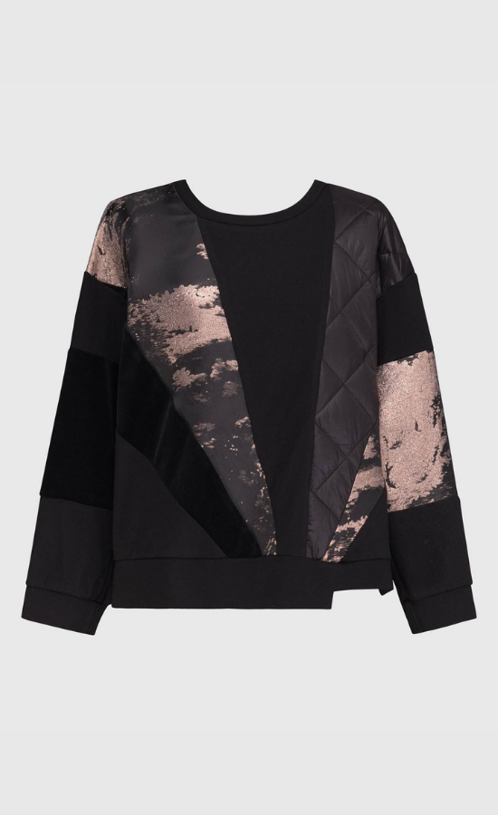 Front view of the Alembika Bronze Top. This boxy top has 3/4 sleeves, a crew neck, and a mix of solid, printed, and quilted fabric. The top is black with bronze print.