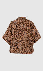 Load image into Gallery viewer, Back view of the Alembika kenya kimono in a brown cheetah print. This kimono has a single front button, short sleeves, and a fuzzy appearance.
