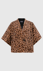 Load image into Gallery viewer, Front view of the Alembika kenya kimono in a brown cheetah print. This kimono has a single front button, short sleeves, and a fuzzy appearance.
