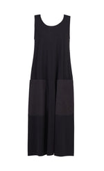 Load image into Gallery viewer, Front view of the alembika cotton tank dress. This long black dress is sleeveless with two large patch pockets on the front and long side slits. 
