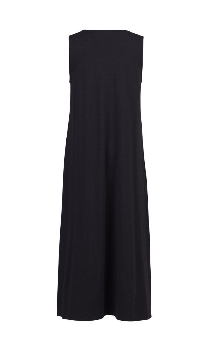 Back full body view of the alembika cotton tank dress. This long dress is black and sleeveless.