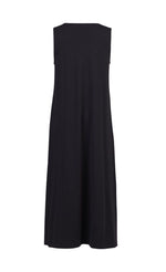 Load image into Gallery viewer, Back full body view of the alembika cotton tank dress. This long dress is black and sleeveless.
