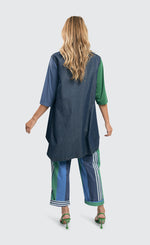 Load image into Gallery viewer, Back full body view of a woman wearing the alembika denim top.
