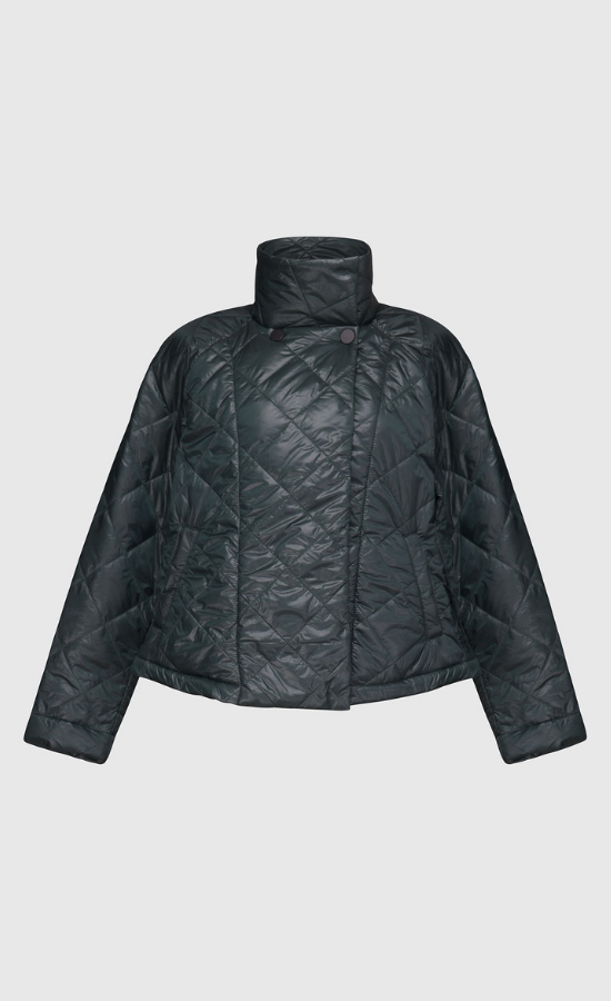 Front view of the alembika forest green jacket. This jacket is a puffer jacket with a tall stand collar, long sleeves, and a hidden button up front.