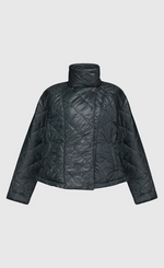 Load image into Gallery viewer, Front view of the alembika forest green jacket. This jacket is a puffer jacket with a tall stand collar, long sleeves, and a hidden button up front.
