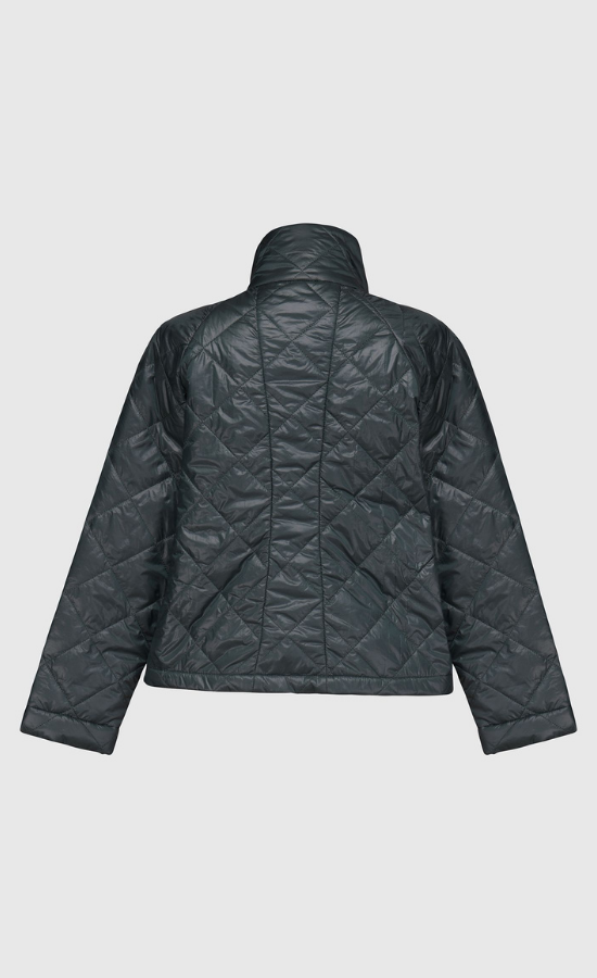 Back view of the alembika forest green jacket. This jacket is a puffer jacket with a tall stand collar and long sleeves.