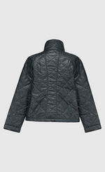 Load image into Gallery viewer, Back view of the alembika forest green jacket. This jacket is a puffer jacket with a tall stand collar and long sleeves.
