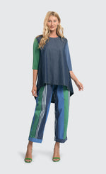 Load image into Gallery viewer, front full body view of a woman wearing the alembika ocean stripes 4-pocket trousers.
