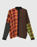 Load image into Gallery viewer, Front view of the alembika multi check blouse. This blouse has a mix of plaid and checkered prints on the front, a button up front, and dolman long sleeves.
