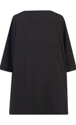 Load image into Gallery viewer, Back view of the alembika peek-a-boo pocket tunic. The top has 3/4 length sleeves and is solid black on the back.
