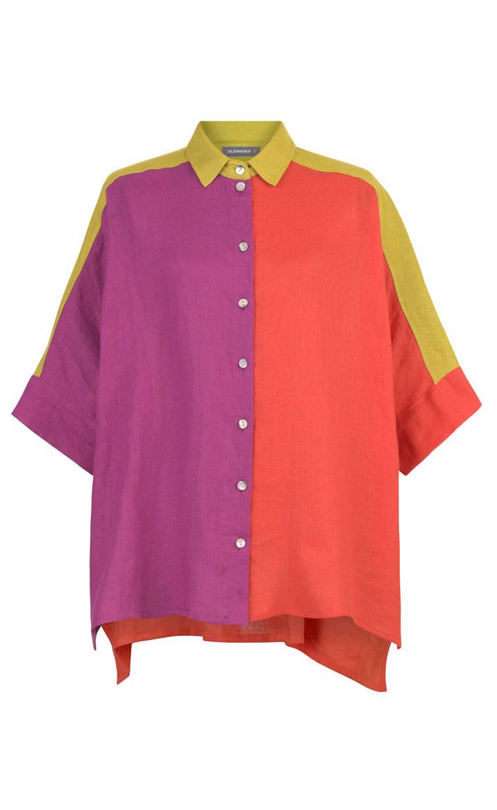 Front view of the alembika colorblock linen shirt. This shirt is red on the left side, purple on the right side and yellow on the shoulders and sleeves. The shirt has a button up front, a shirt collar, and elbow length sleeves.